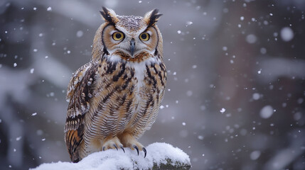 Majestic Owl Perched on Snow-Covered Log in a Snowy Forest, Capturing a Serene Winter Moment with Stunning Details and Vivid Colors