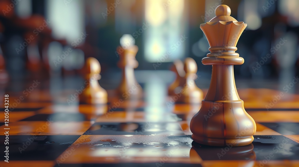 Poster 3d rendering of a chessboard with a focus on the white queen. the queen is made of a light wood and 
