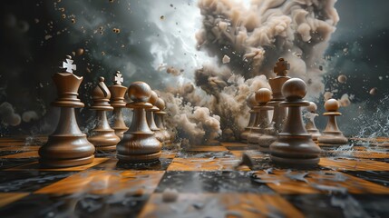 A chess board with wooden chess pieces in the middle of an explosion. The explosion is sending smoke and debris everywhere.