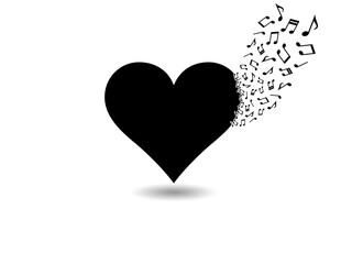 音符の粒子ピースが浮かぶ音楽テーマのハート背景