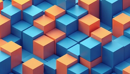 Obraz premium Colorful abstract geometric blocks arrangement in blue and orange shades with copy space