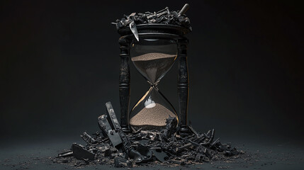 An hourglass filled with sand made of crumbling weapons and armor, symbolizing the inevitable passage of time that turns even the strongest symbols of war into dust