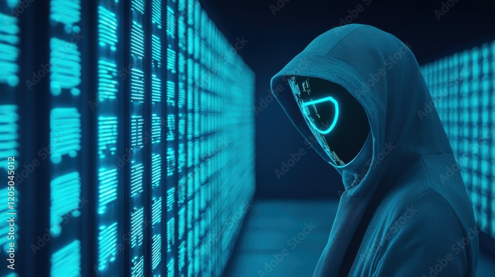 Poster exploring online privacy cybersecurity action in digital environments futuristic technology viewpoin