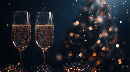 Festive Banner with Two Glasses of Champagne and Christmas Tree Lights Bokeh on Dark Blue Background with Glitter and Sparks







