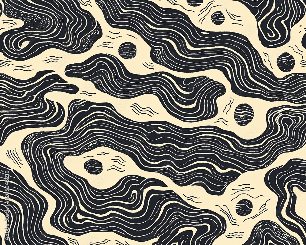 Poster abstract swirling lines and circles pattern.