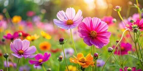 Fototapeta premium Colorful cosmos flowers blooming in a lush green garden with tall stalks and vibrant blooms , cosmos, bloom, cosmos