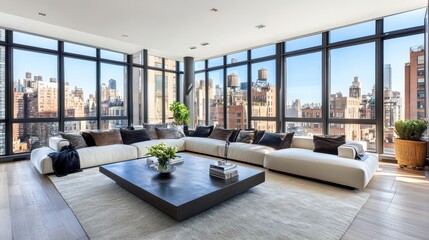 Naklejka premium A large living room with a white couch and a black coffee table