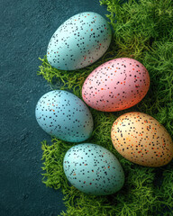 Obraz premium Speckled Easter eggs on dark mossy background