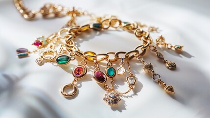 A charm bracelet with personalized trinkets, displayed on a white backdrop.