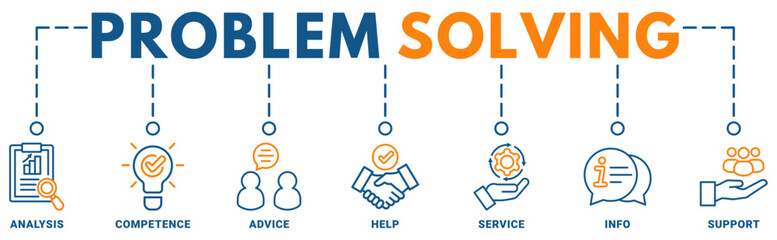 Problem solving banner web icon vector illustration concept with icon of analysis, competence, advice, help, service, info, support	
