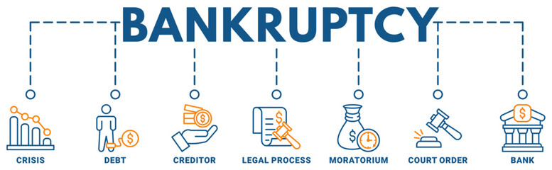Bankruptcy banner web icon vector illustration concept with icon of crisis, debt, creditor, legal process, moratorium, court order, and bank