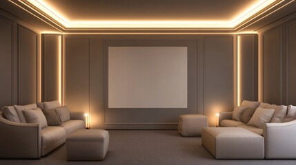 Luxurious Modern Home Theater Room with Ambient Lighting and Neutral Tones