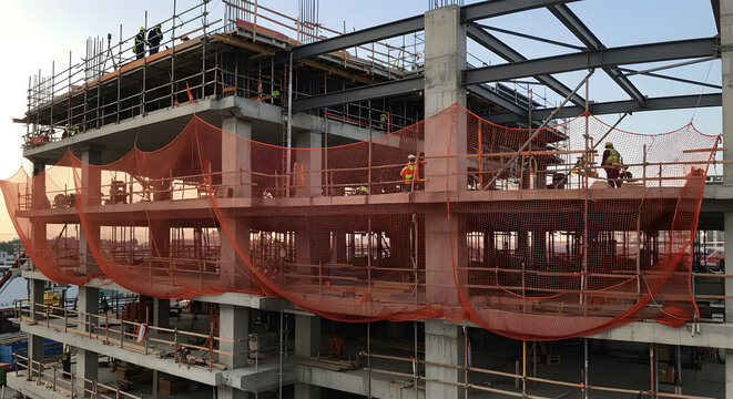 Urban development project showing construction site with orange safety nets and city skyline