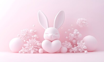 Fototapeta premium Pink bunny holding heart, pastel flowers, 3D render, spring