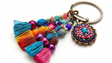A colorful keychain with tassels and beads, displayed on a white background.