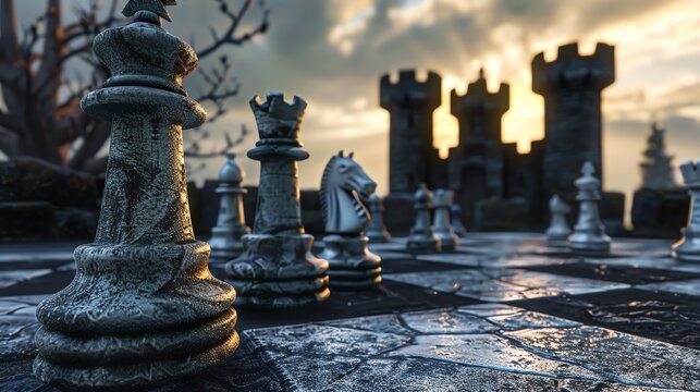 A 3D rendering of a chessboard with black and white pieces. The board is made of stone and the pieces are made of metal.