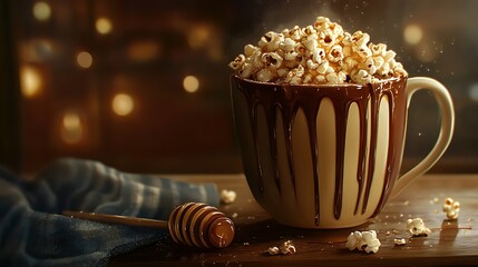 A warm mug of warm chocolate with popcorn and honey on topped