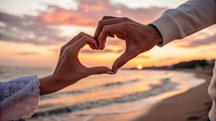 Two hands forming heart shape against sunset beach background, symbolizing love and connection