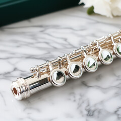Obraz premium close up of shiny silver flute showcasing intricate details and craftsmanship, resting on marble surface with soft floral background