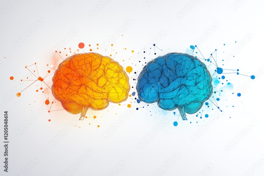 Poster dual brain abstract splash in vibrant orange and blue tones symbolizing creative and logical thinkin