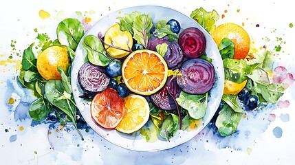 Vibrant Watercolor Painting of Beetroot, Citrus Fruits, and Greens on a Plate.