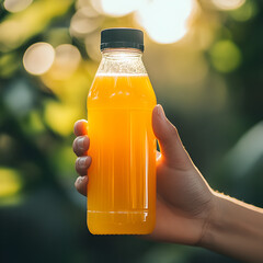 Refreshing Orange Juice: A hand holds a clear plastic bottle filled with vibrant orange juice against a sunny, bokeh-blurred green background. The image evokes feelings of refreshment, health.