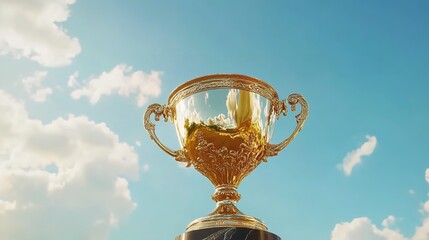 Golden Trophy Cup Standing Against Dramatic Sky at Sunrise or Sunset