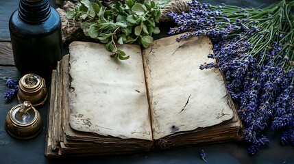 An old magic tablet with pages empty lavender plants and stuff used for magic