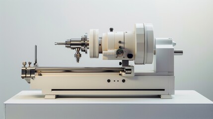 A compact lathe machine with a rotating spindle and adjustable tool holder, displayed on a white surface.