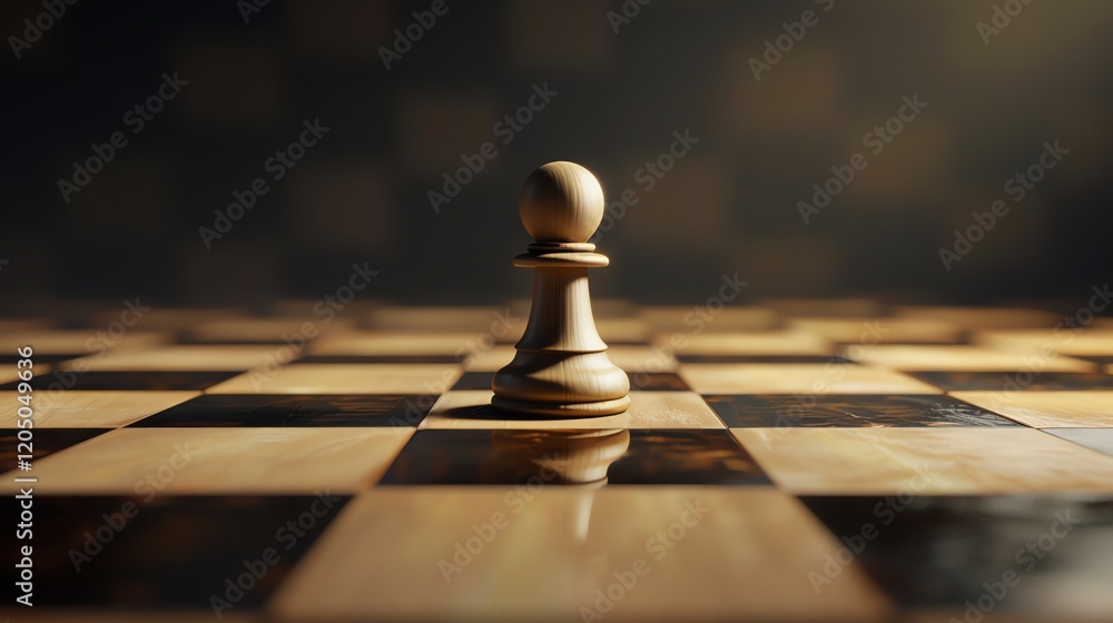 Poster 3d rendering of a chess pawn. the pawn is made of wood. the chessboard is made of marble. the backgr