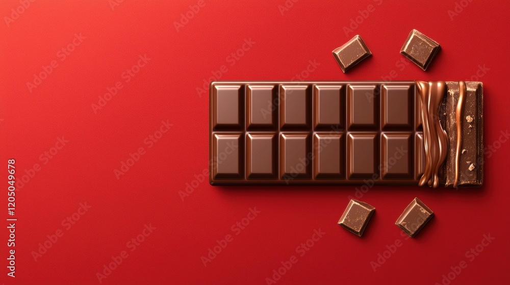 Poster a chocolate bar with a piece missing is on a red background