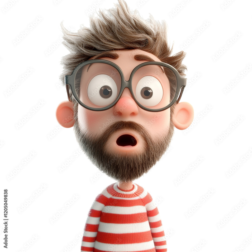 Poster the image shows a 3d rendered cartoon of a surprised man with glasses and a red and white striped sw