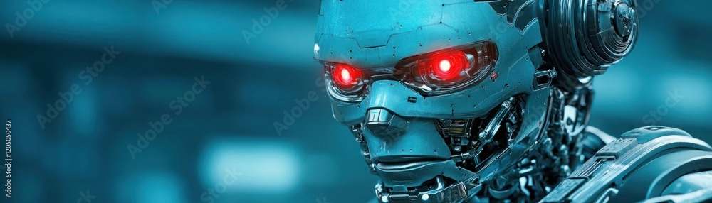 Poster futuristic humanoid robot with glowing red eyes and intricate metal details standing against a cyber