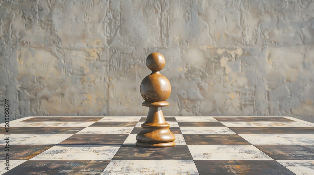 Aufkleber 3d rendering of a chess pawn on a chessboard. the pawn is made of wood. the chessboard is made of ma