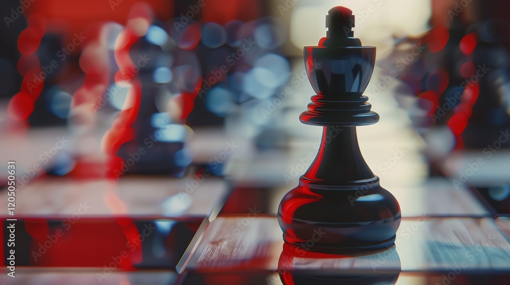 Poster 3d rendering of a chessboard with a focus on the black king. the king is in the center of the frame 