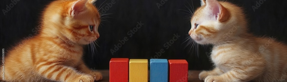Poster two adorable orange kittens facing each other, engaged in playful interaction, with colorful wooden 