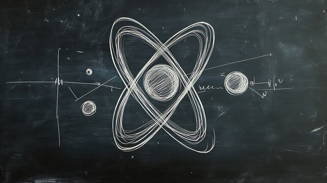 A creatively designed atomic icon sketched in chalk on a blackboard, featuring clear labels and scientific details