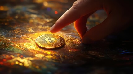 Close-up of a hand placing a Bitcoin coin onto a table, symbolizing the physical representation of digital assets.