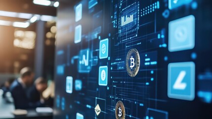 A cryptocurrency enthusiast discussing the impact of blockchain on digital finance with a group in a modern office.