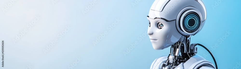 Poster futuristic humanoid robot with a sleek design, blue background showcasing the advancement of artific