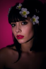 Fototapeta premium Portrait of a young woman with flowers in her hair against a pink background.
