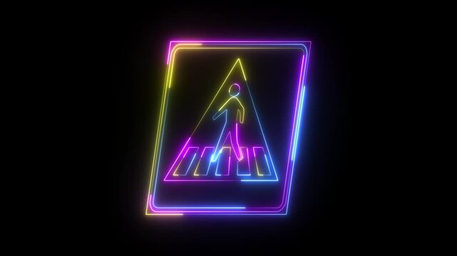 Pedestrian crossing flat neon icon, zebra crossing. Cross walk icon for web design isolated on black background.