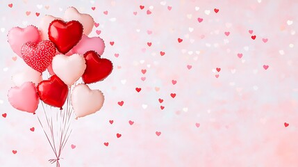 heart-shaped balloons and confetti creating a joyful atmosphere