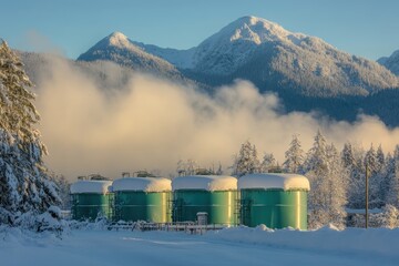 Obraz premium Winter Storage Tanks in Serene Mountain Landscape