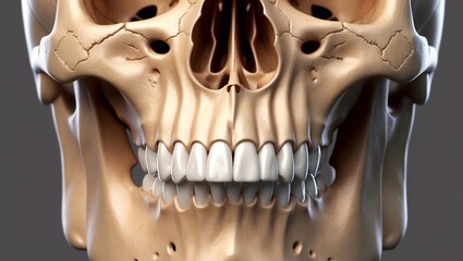 Detailed 3D model of the skull with visible teeth and jaw bones. Suitable for dental textbooks, anatomy and medical illustrations.
