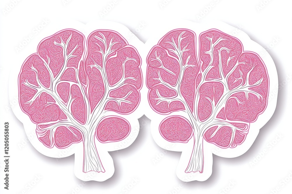 Aufkleber intricate anatomical design of two pink brain structures resembling tree branches, symbolizing growt