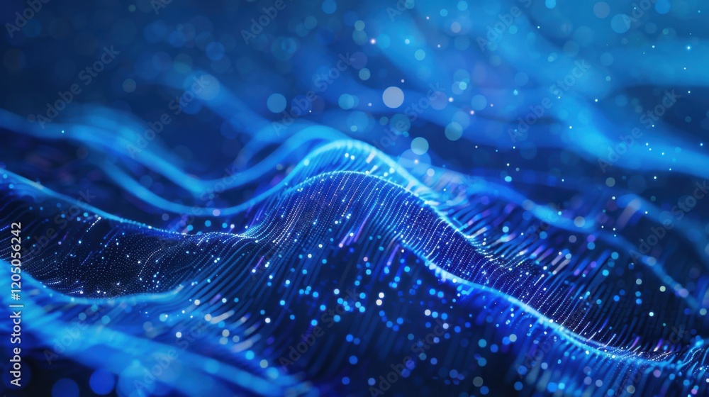 Poster a textured design featuring layers of blue color, bright threads, glowing light trails, virtual netw