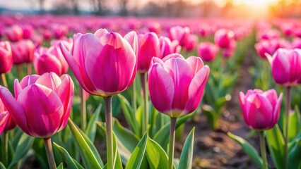 Obraz premium Colorful Pink Tulips Blooming in a Field, blooming flowers, spring blooms