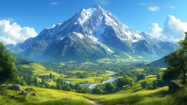 Majestic snow-capped mountain valley vista, idyllic summer scene, travel poster