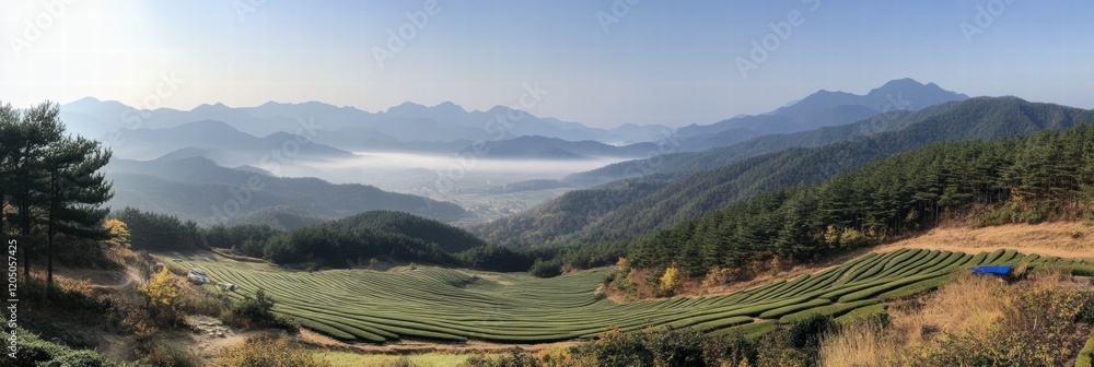 Poster sweeping view of rolling tea fields in the mountains during early morning sunlight. generative ai